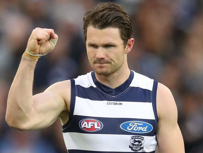 MELBOURNE, VICTORIA - MAY 13:  Patrick Dangerfield of the Cats celebrates after kicking a goal during the round eight AFL match between the Collingwood Magpies and the Geelong Cats at Melbourne Cricket Ground on May 13, 2018 in Melbourne, Australia.  (Photo by Scott Barbour/AFL Media/Getty Images)