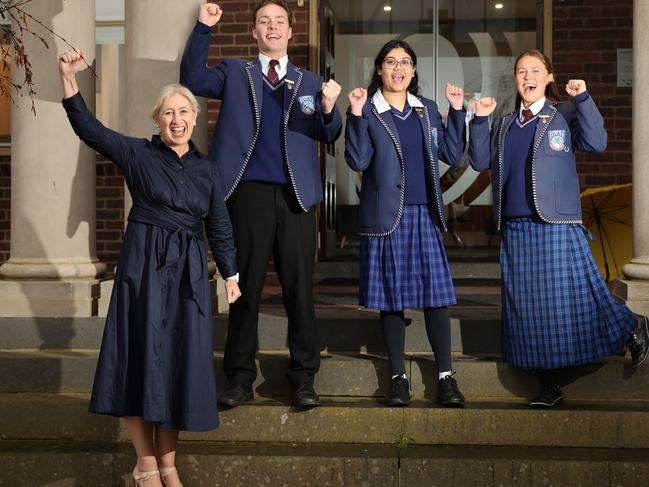 Kardinia College has been ranked in the top seven per cent of Victorian schools for Better Education rankings, academic results. Pictured is College principal Catherine Lockhart and College captains James Leahy, Fadilah Mahmood and prefix Leisel Huddart Picture: Alison Wynd