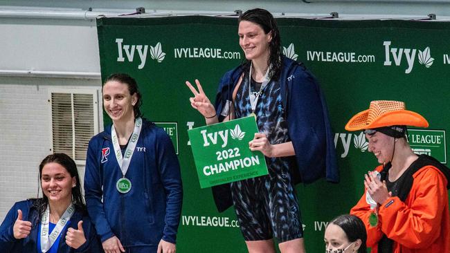 Transgender swimmer Lia Thomas celebrates taking first place in the freestyle during the Women's Ivy League Swimming &amp; Diving Championships at Harvard University.