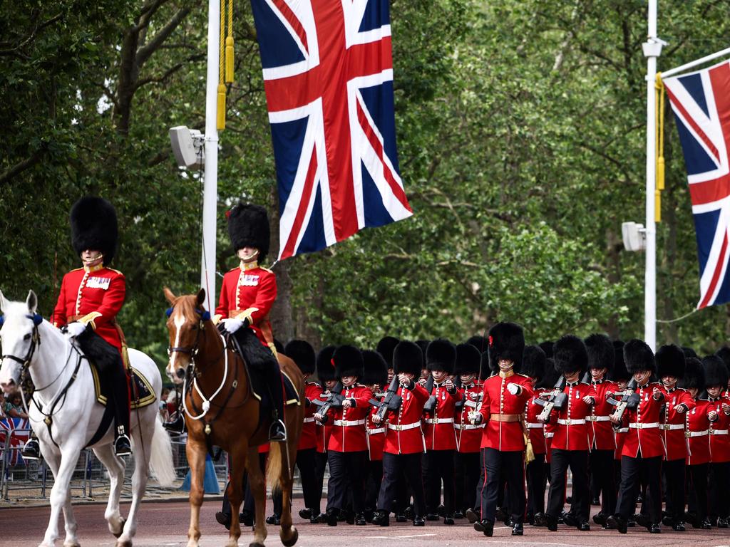 Coldstream Guards, a regiment of the Household Division Foot Guards, parade down The Mall during the King's Birthday Parade, 'Trooping the Colour', in London on June 17, 2023. The ceremony of Trooping the Colour is believed to have first been performed during the reign of King Charles II. Since 1748, the Trooping of the Colour has marked the official birthday of the British Sovereign. Over 1500 parading soldiers and almost 300 horses take part in the event. Picture: Hentry Nicholls / AFP