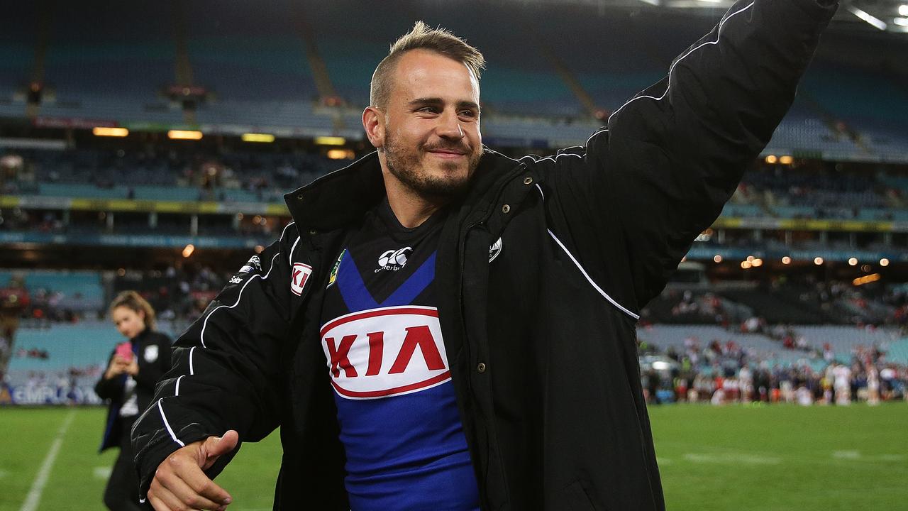 Bulldogs Josh Reynolds farewells the crowd after the St George v Bulldogs rugby league match at ANZ Stadium, Homebush. Picture: Brett Costello