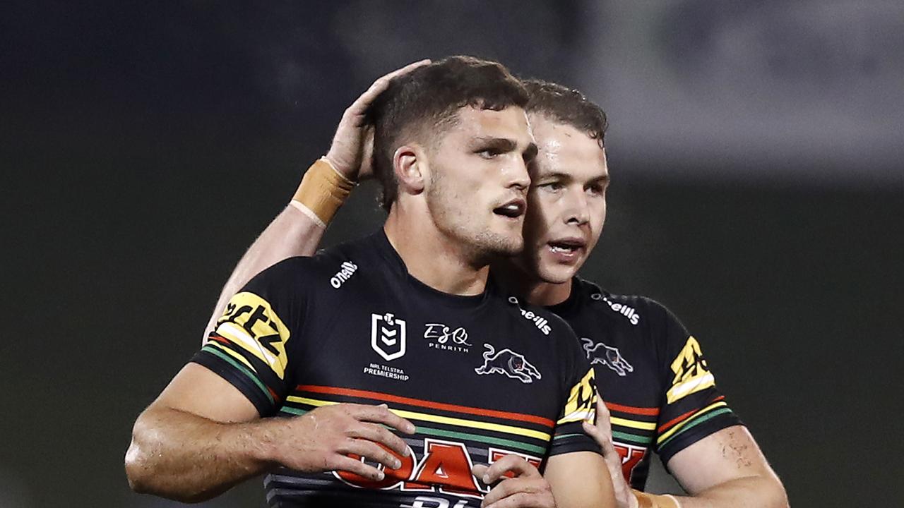 Nathan Cleary of the Panthers is congratulated by teammate Dylan Edwards