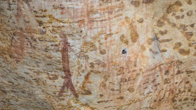 Bolt hole at a rock art site at Buandik in the southern Grampians. Parks Victoria initially blamed rock climbers, but the bolt had been placed decades ago as part of a protective cage.