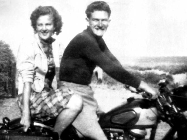 Bob Hawke and then girlfriend Hazel Masterson on motorbike before he went to England on a Rhodes scholarship in 1951. Picture: Supplied