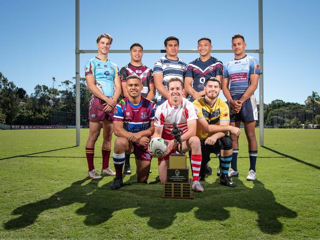 17-05-2021 Launch of the Langer Cup schoolboy competition at the Brisbane Broncos complex in Red Hill. (BL-R) Blake Mozer, Keebra Park SHS, Chris Faagutu, Marsden SHS,  Xavier VaÃa, St MaryÃs college Toowoomba, Kulikefu Finefeuiaki, Ipswich SHS, Tim Sielaff-Burns, Coombabah SHS.(FLR) Tyrell Waaka-Rhind, Wavell SHS, Tom Weaver, Palm Beach Currumbin SHS and Mustafa Kaya, Mable Park SHS