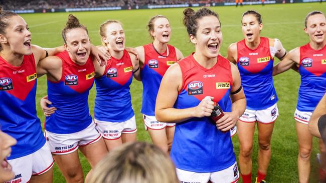 There were plenty of happy Demons after the match. Picture: AAP