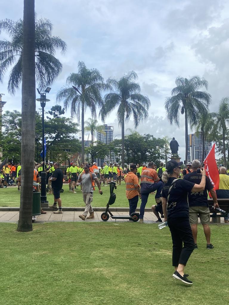 A CFMEU protest in the wake of a tragic worker death has shut down Brisbane’s CBD.