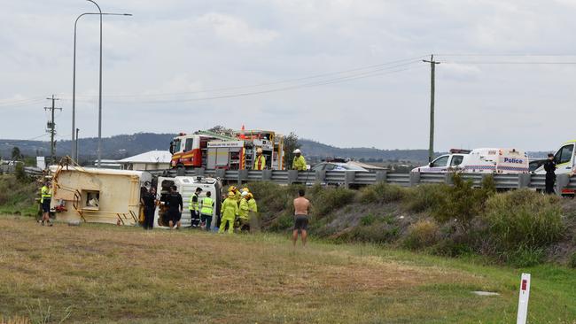 A truck has rolled on the Warrego Hwy at Crowley Vale. Photo: Hugh Suffell