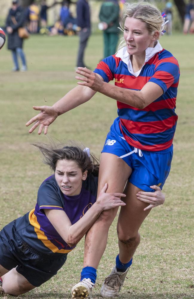 Erin Chandler for Downlands. Selena Worsley Shield game 1. Girl's rugby 7s Downlands vs Glennie. Saturday, August 6, 2022. Picture: Nev Madsen.