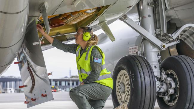 Flying Officer Elise Champion performs pre-flight checks on a P-8A Poseidon prior to departure from RAAF Base Edinburgh. Picture: Supplied