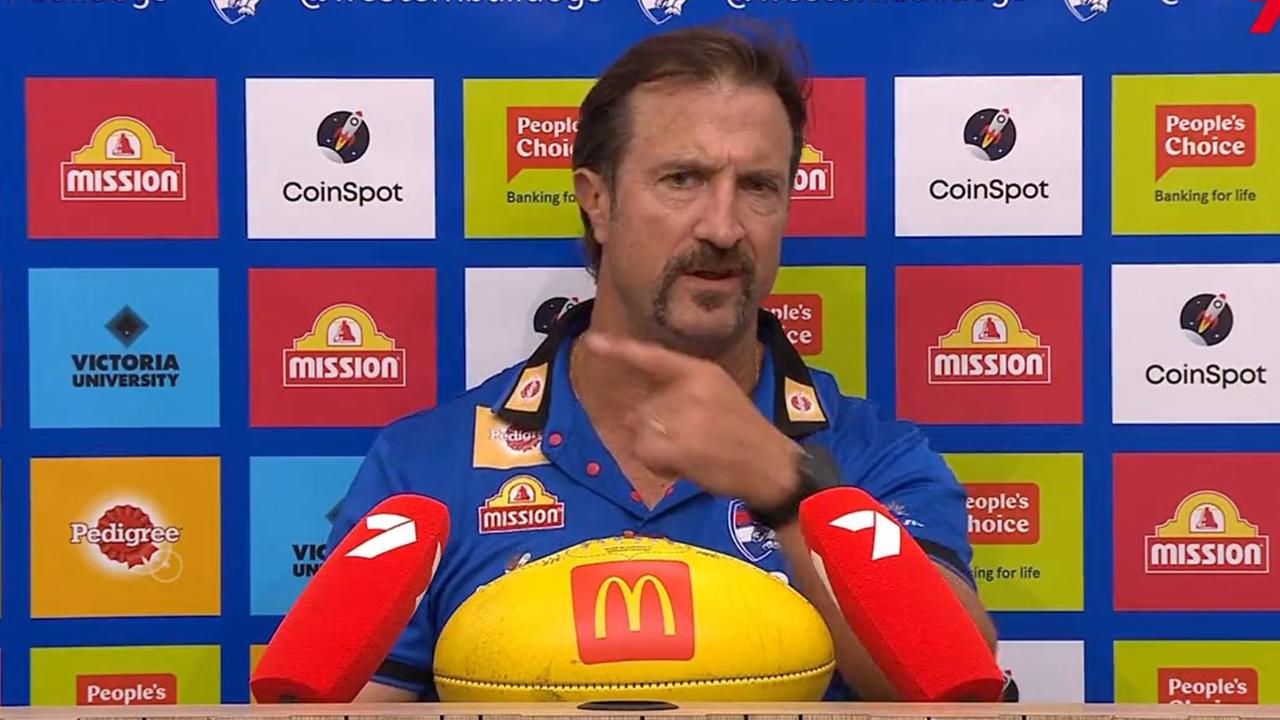 Luke Beveridge during his post match press conference tirade. Picture: Twitter