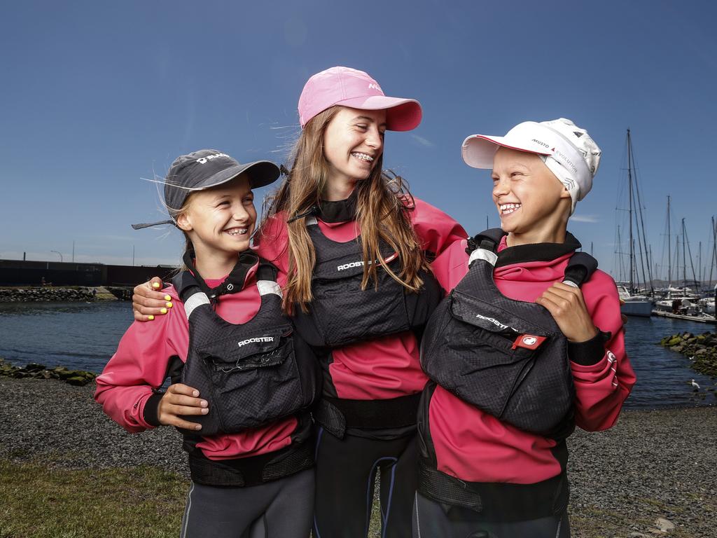 Sisters competing in the Not The Nationals sailing event on the River Derwent, Martha, 12, Esther, 16 and Faye Read, 14. Picture: Zak Simmonds