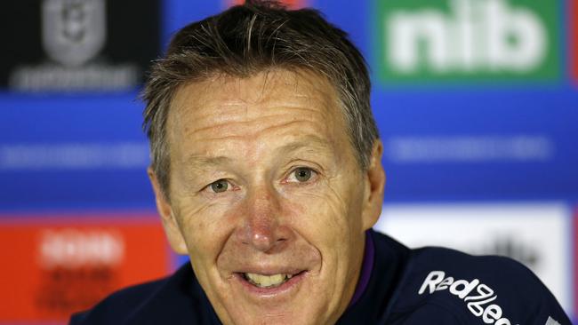 Melbourne Storm Coach Craig Bellamy at the post match press conference after the Round 5 NRL match between the Newcastle Knight and the Melbourne Storm at Central Coast Stadium in Gosford, Saturday, June 13, 2020. (AAP Image/Darren Pateman) NO ARCHIVING, EDITORIAL USE ONLY