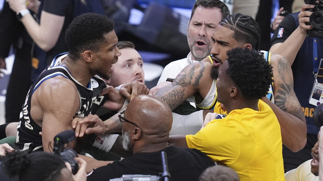 Tempers flared between the Bucks and Pacers. (AP Photo/Michael Conroy)