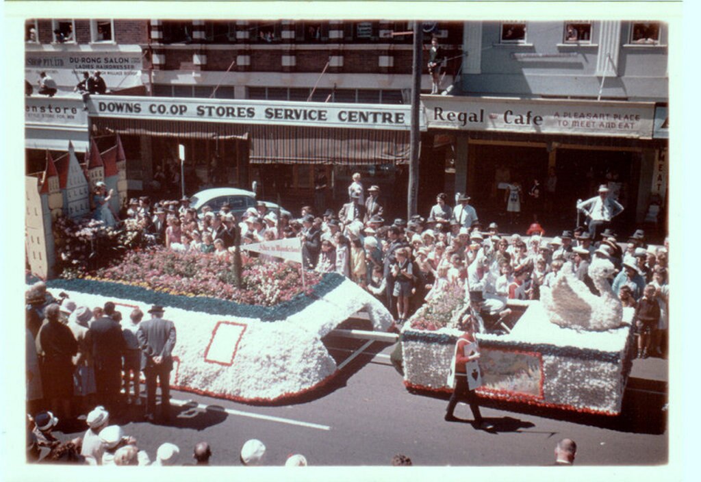 LATE FOR AN IMPORTANT DATE: Nine year-old Catherine Canavan (now Catherine Bull) was 'Alice in Wonderland' on the Woolworths Float in the Carnival of Flowers parade in 1965. Photo: Contributed