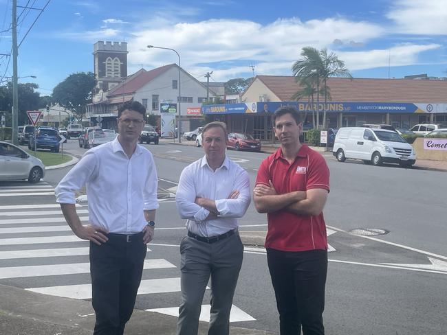 Bart Mellings and Tom Smith join Opposition Leader Stephen Miles for a media conference outside John Barounis' office on Lennox St, Maryborough