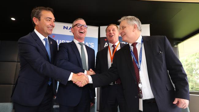 Former interim Naval Group Australia CEO Brent Clark (right), shaking hands with Premier Steven Marshall, former Defence Minister Christopher Pyne and KPR vice president Rob Harketts in March 2018. Picture: Tait Schmaal