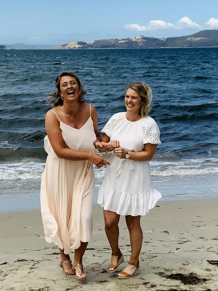 Salliann and Kristen Beams on their wedding day at Snug Beach. Picture: Supplied