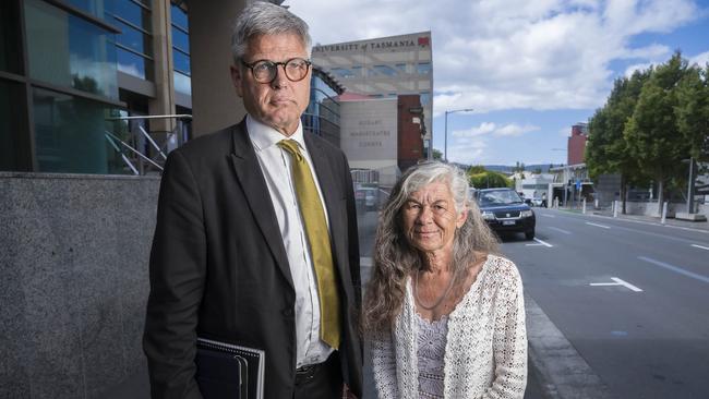 Barrister Greg Barns and Marta Znebejanek outside Hobart Magistrates Court. Picture: Caroline Tan