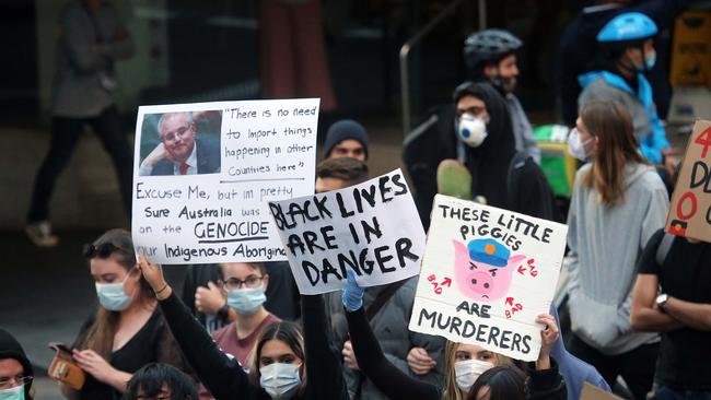 Anti-police signs at last weekend’s protest in the city. Picture: Matrix News