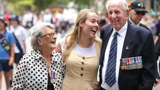 WWII couple Marjorie, 92, and Fred Logan, 94, with granddaughter Eliza Freshwater, 23. Picture: Lyndon Mechielsen