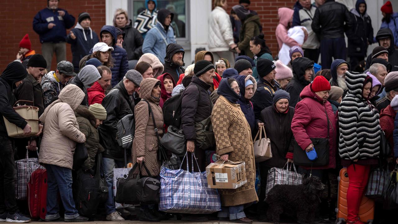 Families wait to board a train at Kramatorsk central station as they flee the eastern city of Kramatorsk, in the Donbas region. Picture: Fadel Senna/AFP