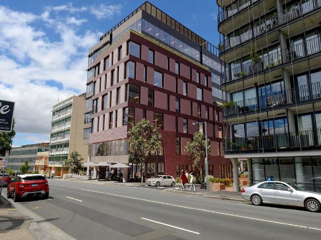 Artist impressions for an office development at 116 Bathurst Street and 25 Watchorn Street, Hobart. Image: Fender Katsalidis for DarkLab.