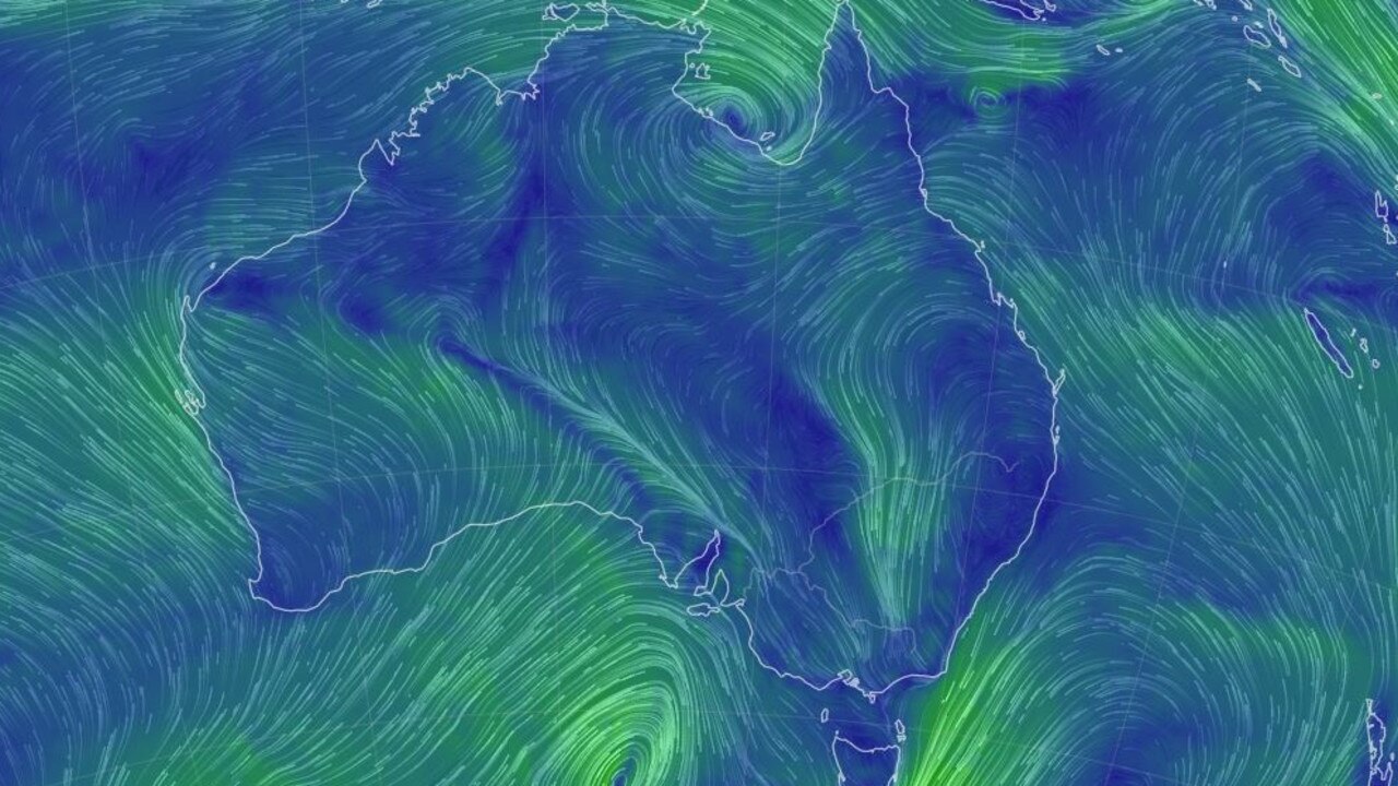 A cold front is approaching southeastern Australia, shifting hot northerly winds ahead of it. Picture: earth.nullschool.net