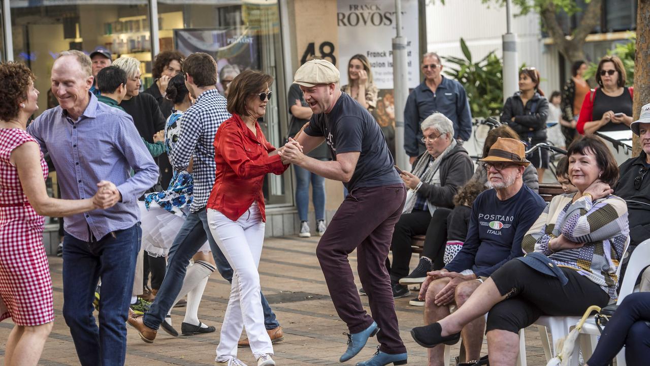 Swingtime Dance Studio members dance to Blue Rhythm Band music during the Manly Jazz Festival at Manly on Saturday, Picture: Troy Snook)