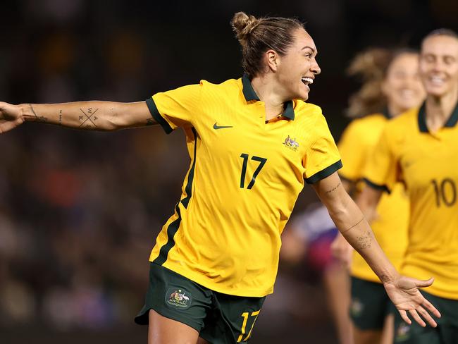 NEWCASTLE, AUSTRALIA - NOVEMBER 30: Kyah Simon of the Matildas celebrates scoring her team's only goal during game two of the International Friendly series between the Australia Matildas and the United States of America Women's National Team at McDonald Jones Stadium on November 30, 2021 in Newcastle, Australia. (Photo by Cameron Spencer/Getty Images)