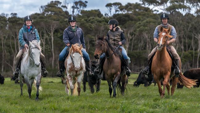 Sarah Hammond, Maddi Robinson, Patricia Clarke and Alex Hammond working on the farm. Picture: Phillip Biggs