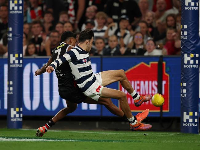 This effort to stop a late Geelong goal was just as good as Wanganeen-Milera’s kicking. Picture: Robert Cianflone/Getty Images