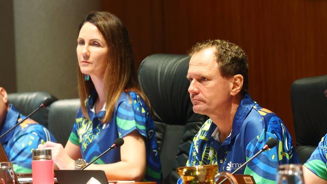 Cairns Regional Council mayor Amy Eden and interim chief executive John Andrejic at a Cairns Regional Council ordinary meeting. Picture: Brendan Radke