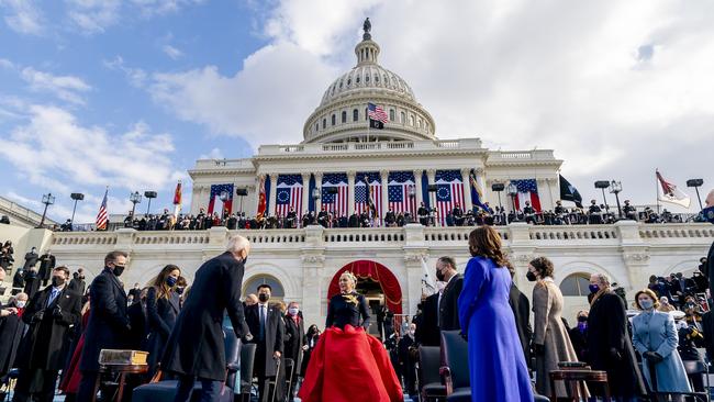 Lady Gaga arrives to sing the national anthem as President-elect Joe Biden and Vice President-elect Kamala Harris look on, on the West Front of the US Capitol on January 20, 2021 in Washington, DC. Picture: Getty