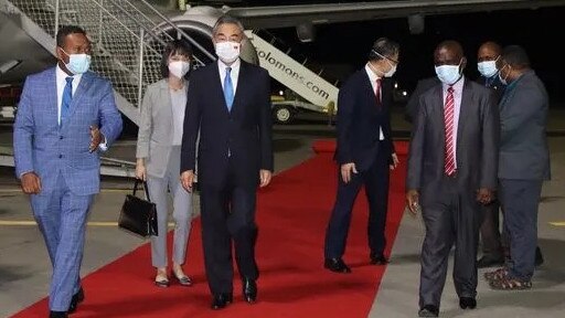 China's Foreign Minister Wang Yi lands in Honiara on his first stop in an eight-nation tour of the Pacific. Picture: SIBC