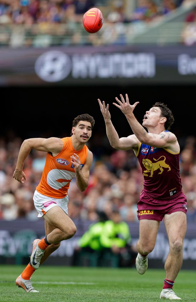 Toby Bedford had eyes for Lions star Lachie Neale all day. Picture: Russell Freeman/AFL Photos