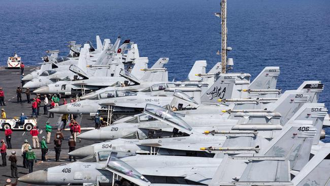 F/A-18 Super Hornets prepare for flight operations on the USS Gerald R. Ford in the eastern Mediterranean last week. Picture: US NAVY via AFP