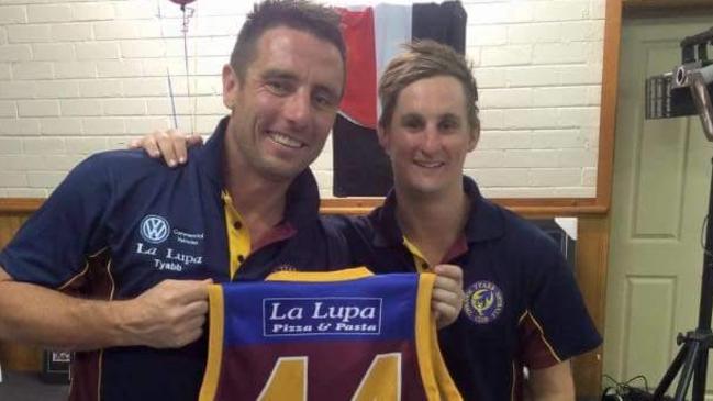 Callum Morris with ex-St Kilda star Steve Milne during his cameo with Tyabb.