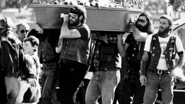 Bandidos bikie gang members at the funeral of two of their own after the Milperra Massacre.