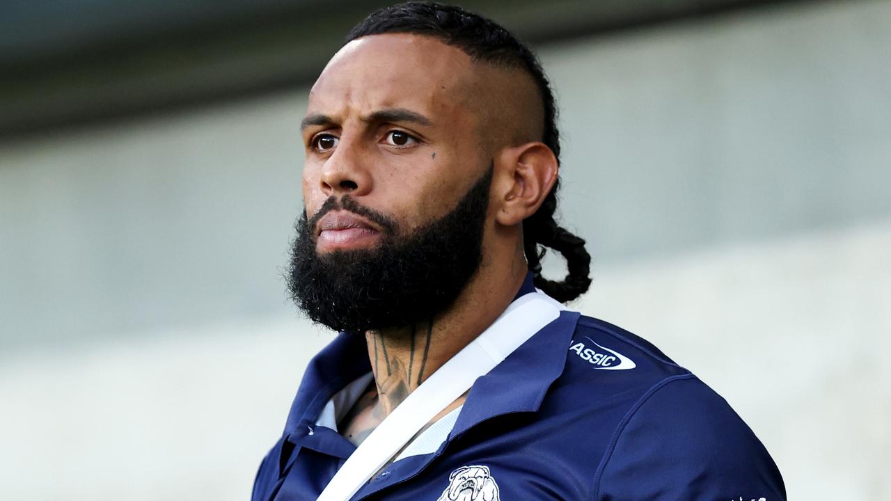 SYDNEY, AUSTRALIA - MARCH 09: Josh Addo-Carr of the Bulldogs stands on the sideline with his arm in a sling during the round one NRL match between Parramatta Eels and Canterbury Bulldogs at CommBank Stadium, on March 09, 2024, in Sydney, Australia. (Photo by Brendon Thorne/Getty Images)