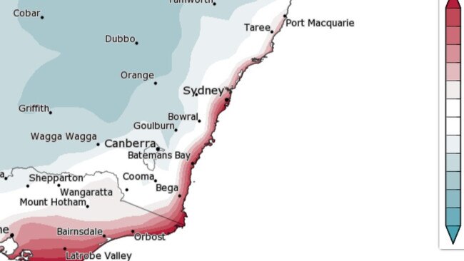 The areas highlighted red are where the Bureau of Meteorology predicts spring temperatures will reach above average maximums. Source: BoM