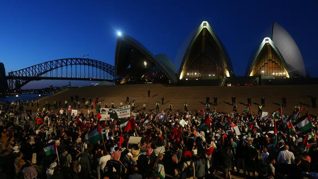 Palestine supporters rally outside the Sydney Opera House after the October 7 attacks.