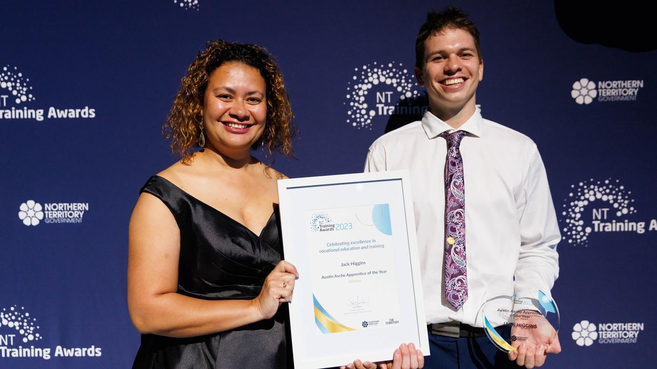 2023 Northern Territory Austin Asche Apprentice of the Year winner, Jack Higgins, receiving his award from Amelia Nuku, Chief Executive Officer of the Industry Skills Advisory Council NT.