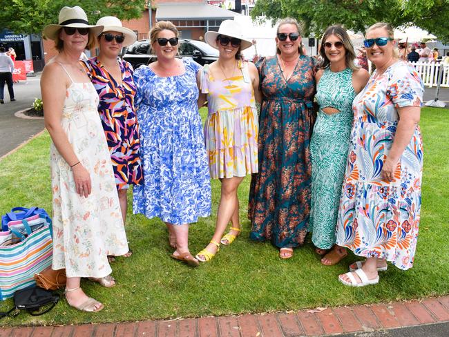 From left to right: Nicole, Micaela, Bianca, Kate, Lauren, Nathalie and Sally enjoying all the action at the Ladbrokes Cranbourne Cup on Saturday, November 23, 2024. Picture: Jack Colantuono