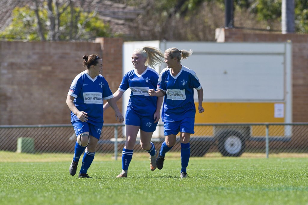 Rockville celebrate a goal against Willowburn in Toowoomba Football League Premier Women grand final at Clive Berghofer Stadium, Sunday, September 9, 2018. Picture: Kevin Farmer