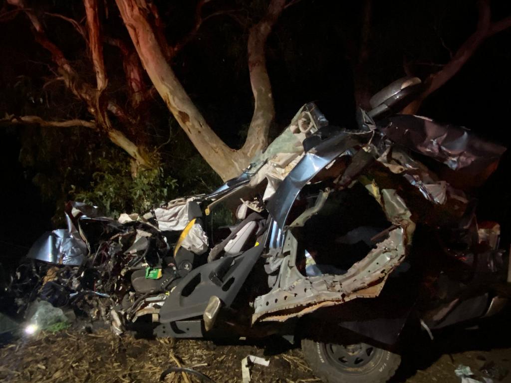 The impact of the crash at Macclesfield tore off the roof and doors of the Ford Ranger ute. Picture: SA Police.