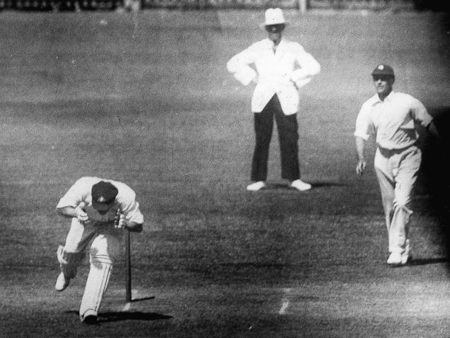 Bert Oldfield is struck in the head from a Harold Larwood delivery during the third Test match of the Bodyline 1932/33 Test series at the Adelaide Oval.