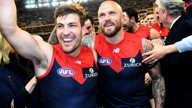 Jack Viney and Nathan Jones after winning the first Elimination Final against Geelong last week. Picture: AAP Image/Julian Smith