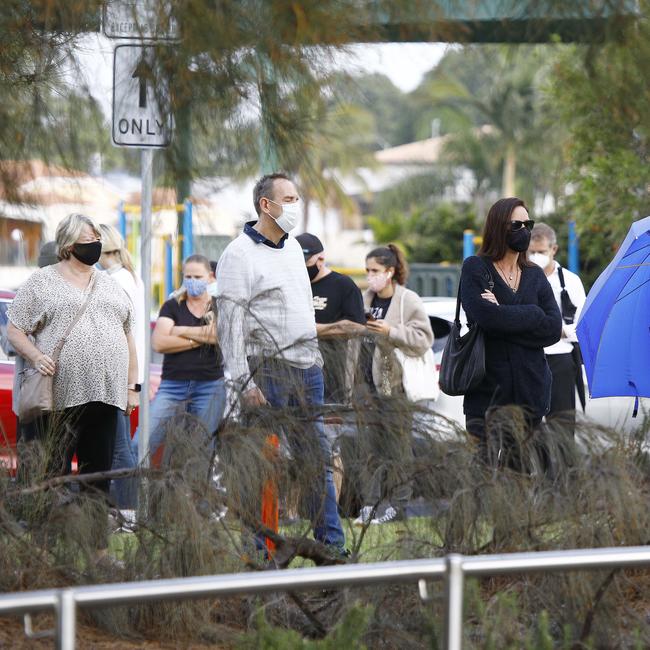 Day 2 in lockdown. Members of the public line up to get tested for Covid at the Albert Waterways Community centre. Picture: Tertius Pickard