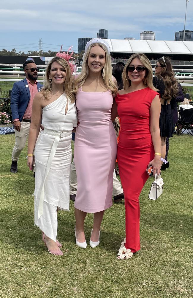 Connie, Laura and Candice at the 2024 Crown Oaks Day, held at Flemington Racecourse. Picture: Gemma Scerri